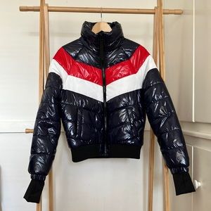 Navy Red White Stripe Puffer Jacket